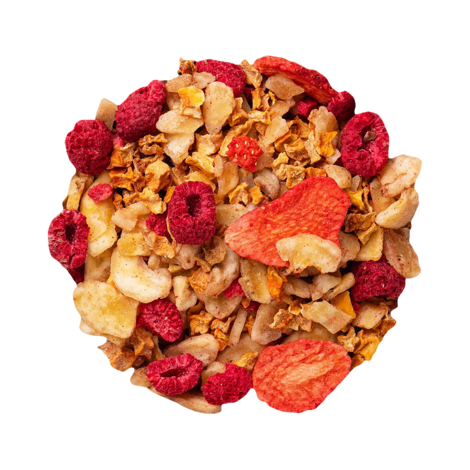 Mélange de fraises, framboises et bananes séchées vu du dessus