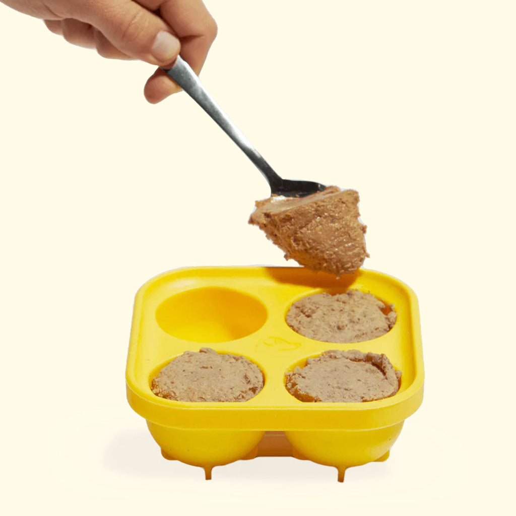 Cuillère remplissant les alvéoles jaunes de pâtée maison