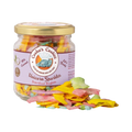 Bocal en verre étiquette lilas, paillettes multicolores renversées