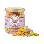 Bocal en verre étiquette lilas, paillettes multicolores renversées