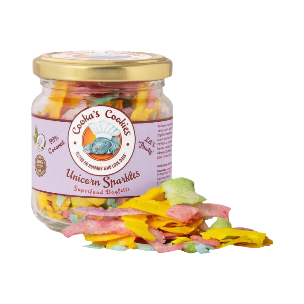 Bocal en verre étiquette lilas, paillettes multicolores renversées