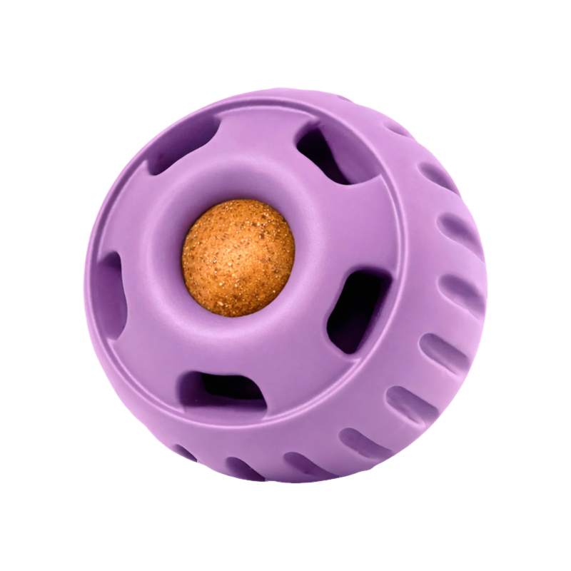 Boule mauve ajourée contenant une recharge de friandise