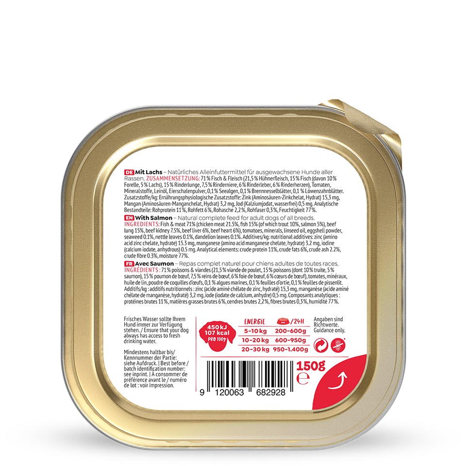 Dos de la barquette de pâtée WOW au saumon 150 g avec la composition