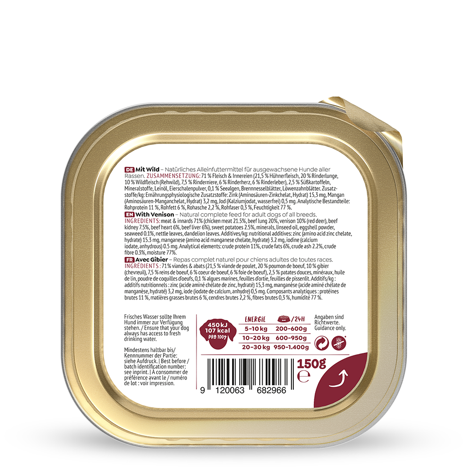Dos de la barquette de pâtée WOW au gibier 150 g avec la composition