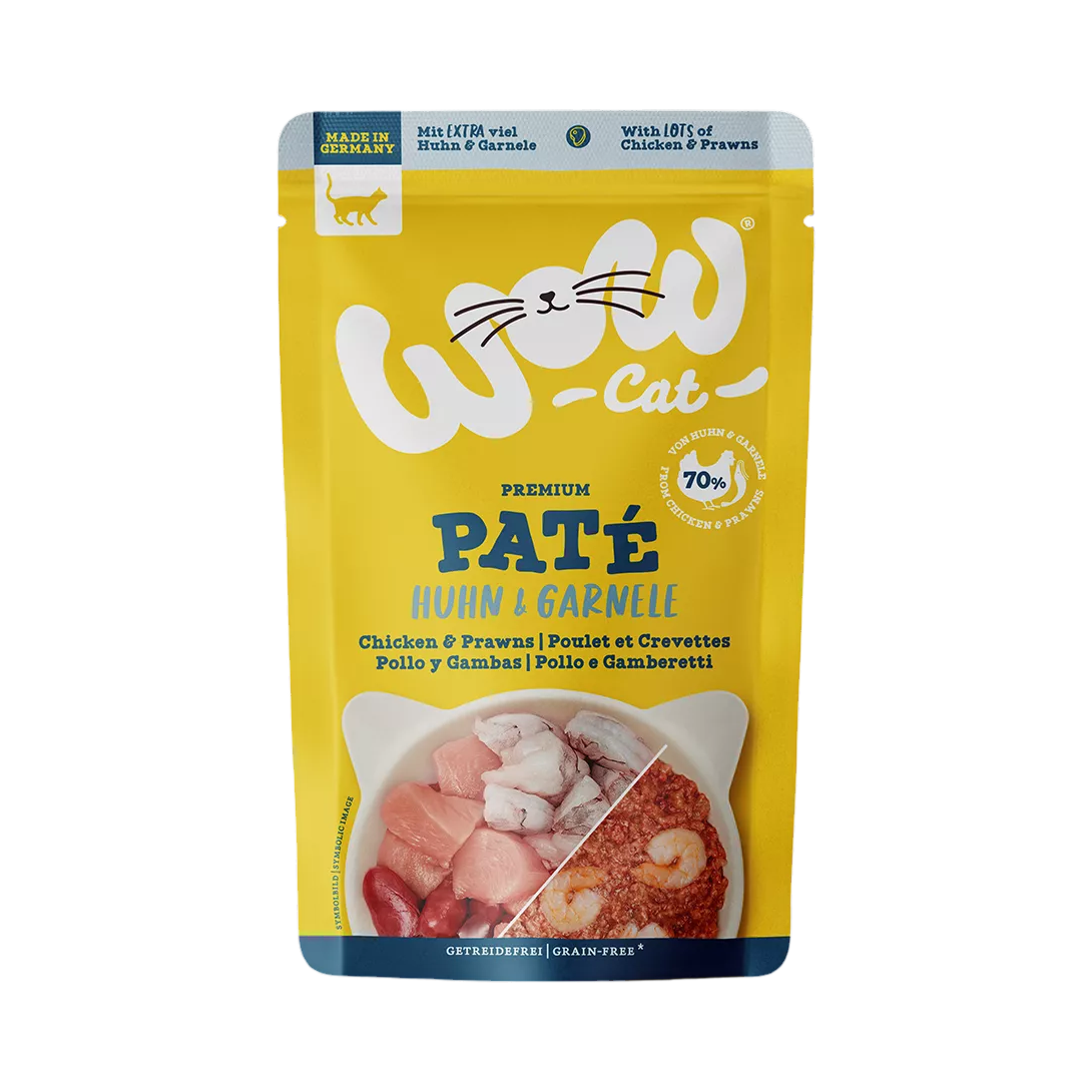Sachet jaune WOW Cat Paté Huhn & Garnelen