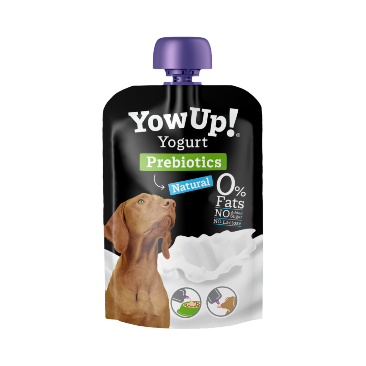 Gourde YowUp Yogurt Prebiotics au yaourt nature, illustration de chien