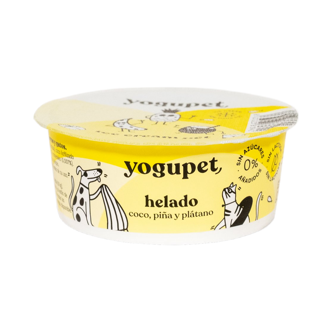 Pot fermé jaune Yogupet helado coco, piña y plátano, couvercle illustré