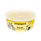 Pot ouvert de glace au yaourt coco, ananas et banane Yogupet, crème glacée jaune pâle