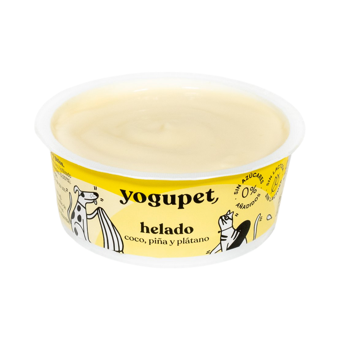 Pot ouvert de glace au yaourt coco, ananas et banane Yogupet, crème glacée jaune pâle