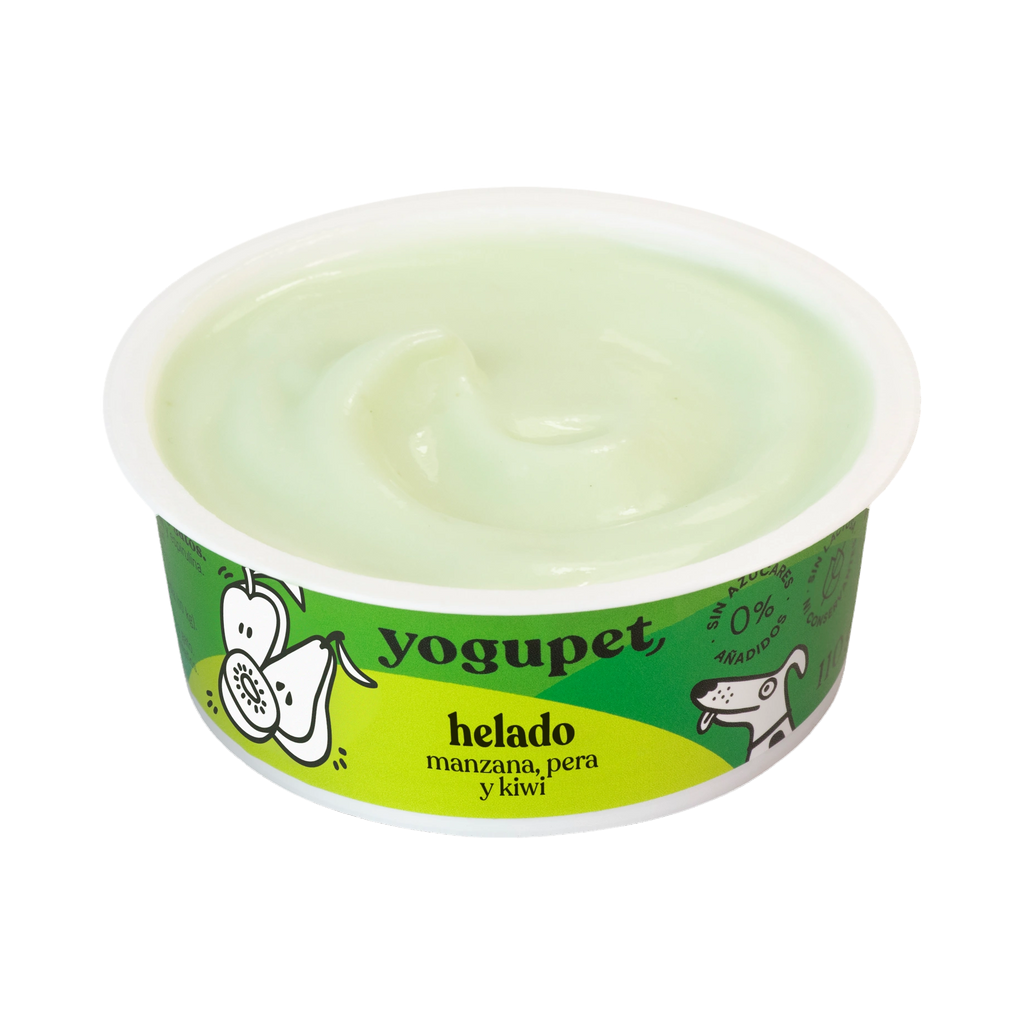 Pot ouvert de glace au yaourt Green Ice pomme, poire et kiwi Yogupet, crème glacée vert pâle