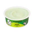 Pot ouvert de glace au yaourt Green Ice pomme, poire et kiwi Yogupet, crème glacée vert pâle