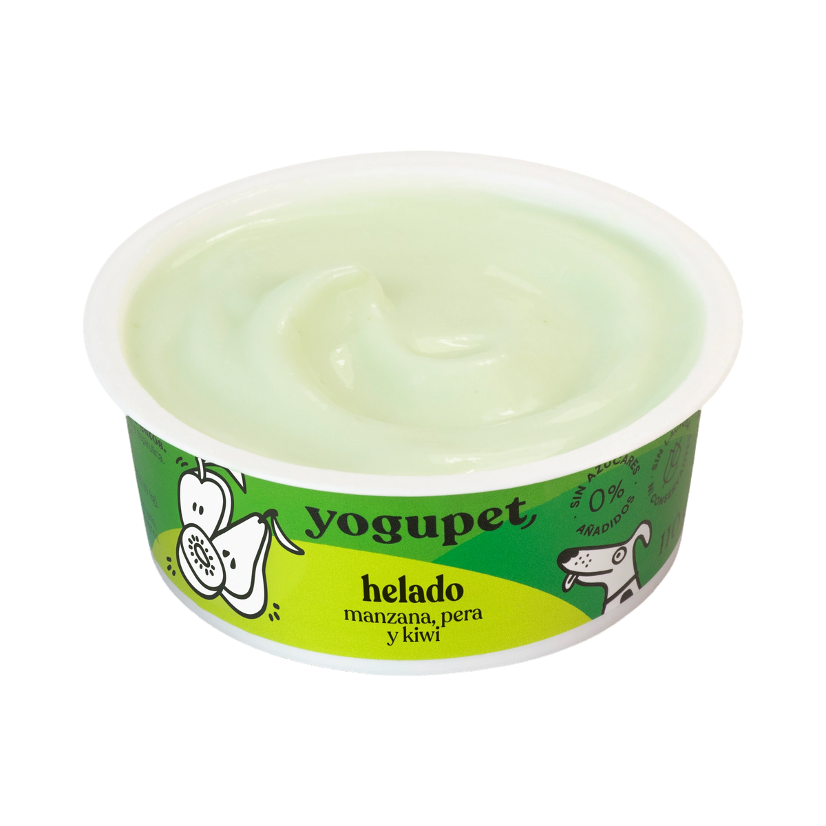 Pot ouvert de glace au yaourt Green Ice pomme, poire et kiwi Yogupet, crème glacée vert pâle