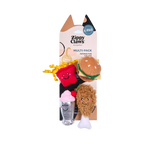 Quatre mini peluches fast-food sur leur carton d'emballage