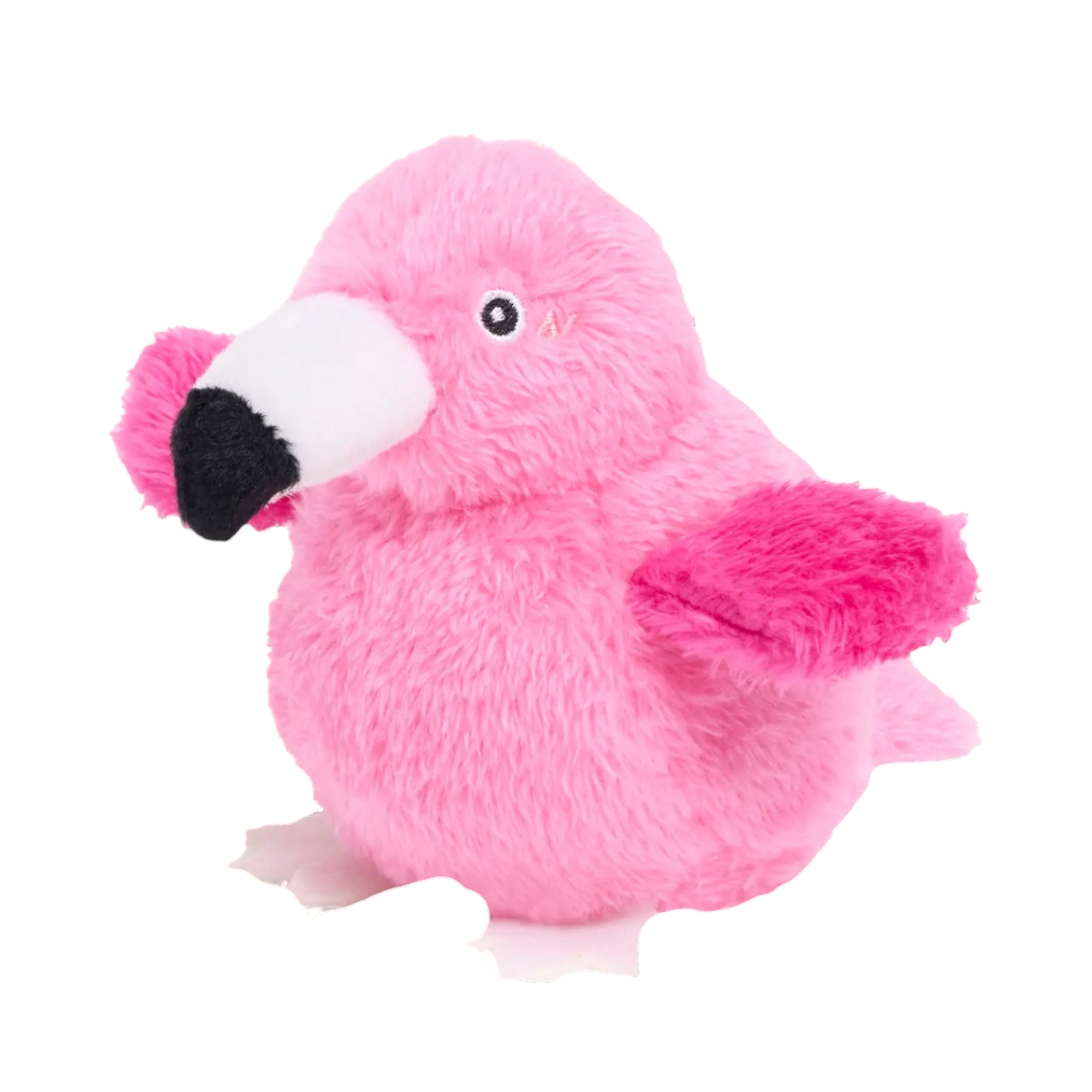 Oiseau rose au bec noir et blanc, vu de trois quarts
