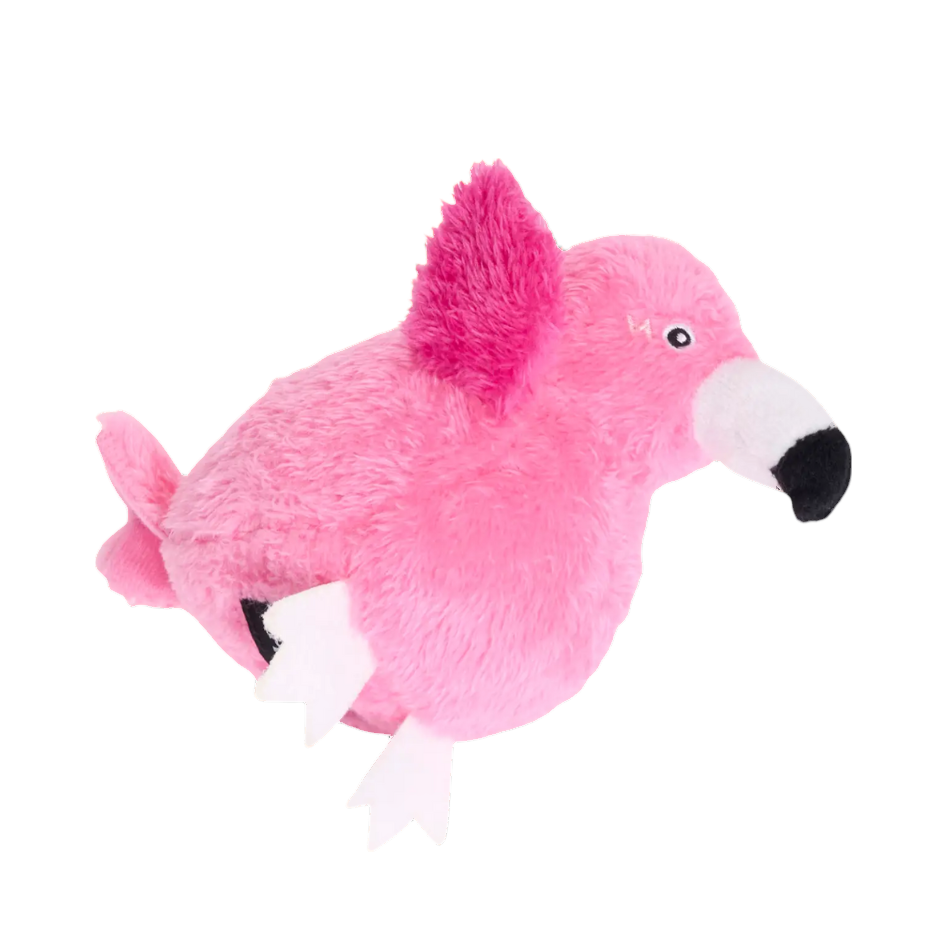 Oiseau rose vu de dos, pattes blanches en l'air