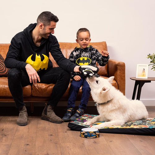 Père et enfant sur un canapé avec un chien blanc et Batman