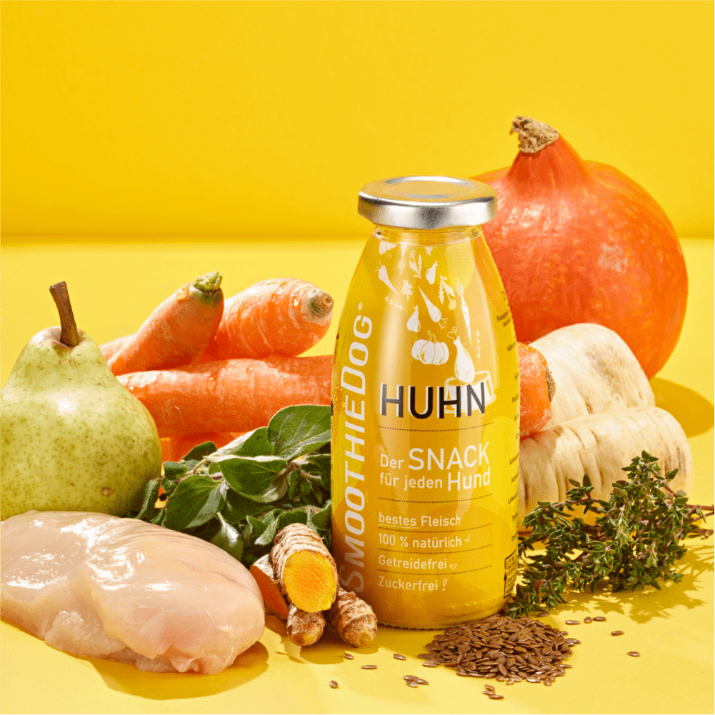 Bouteille Huhn jaune avec poulet, carottes, courge et poire
