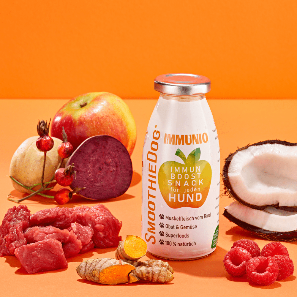 Bouteille Immunboost avec bœuf, pomme, coco et framboises